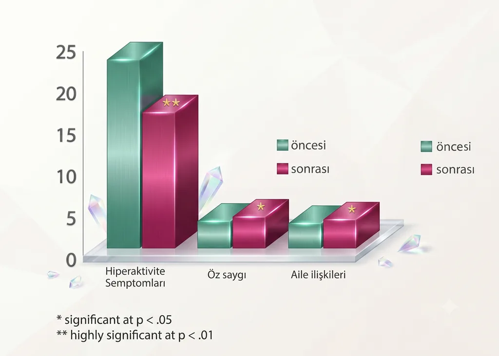 Sahaja Yoga meditasyonu sonrası çocuklarda hiperaktivite belirtileri, özgüven ve aile ilişkilerindeki değişimleri gösteren grafik
