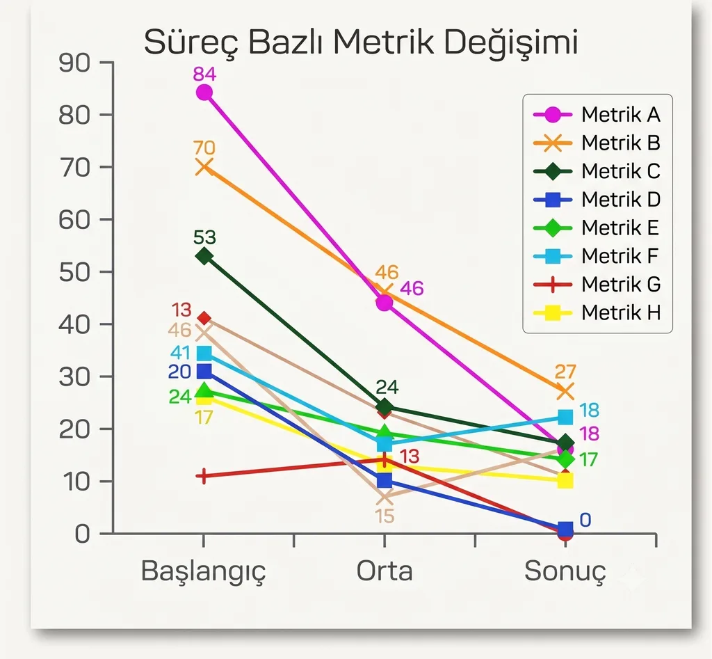 Sahaja Yoga meditasyonu araştırmasında süreç bazlı metrik değişimini gösteren karşılaştırmalı çizgi grafik