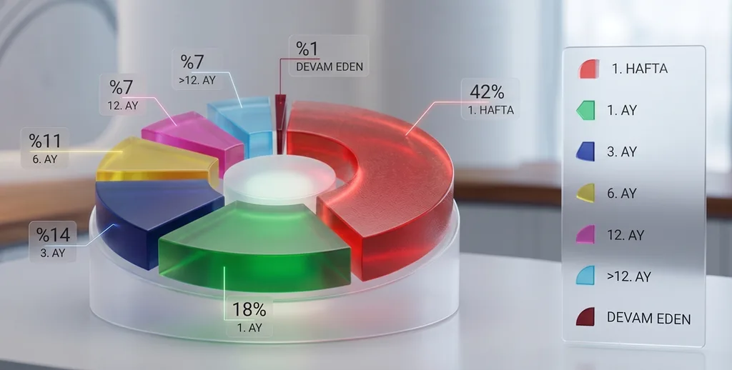 Sahaja Yoga meditasyonu sonrası madde kullanımını bırakma sürecini haftalar ve aylar bazında gösteren bilimsel grafik