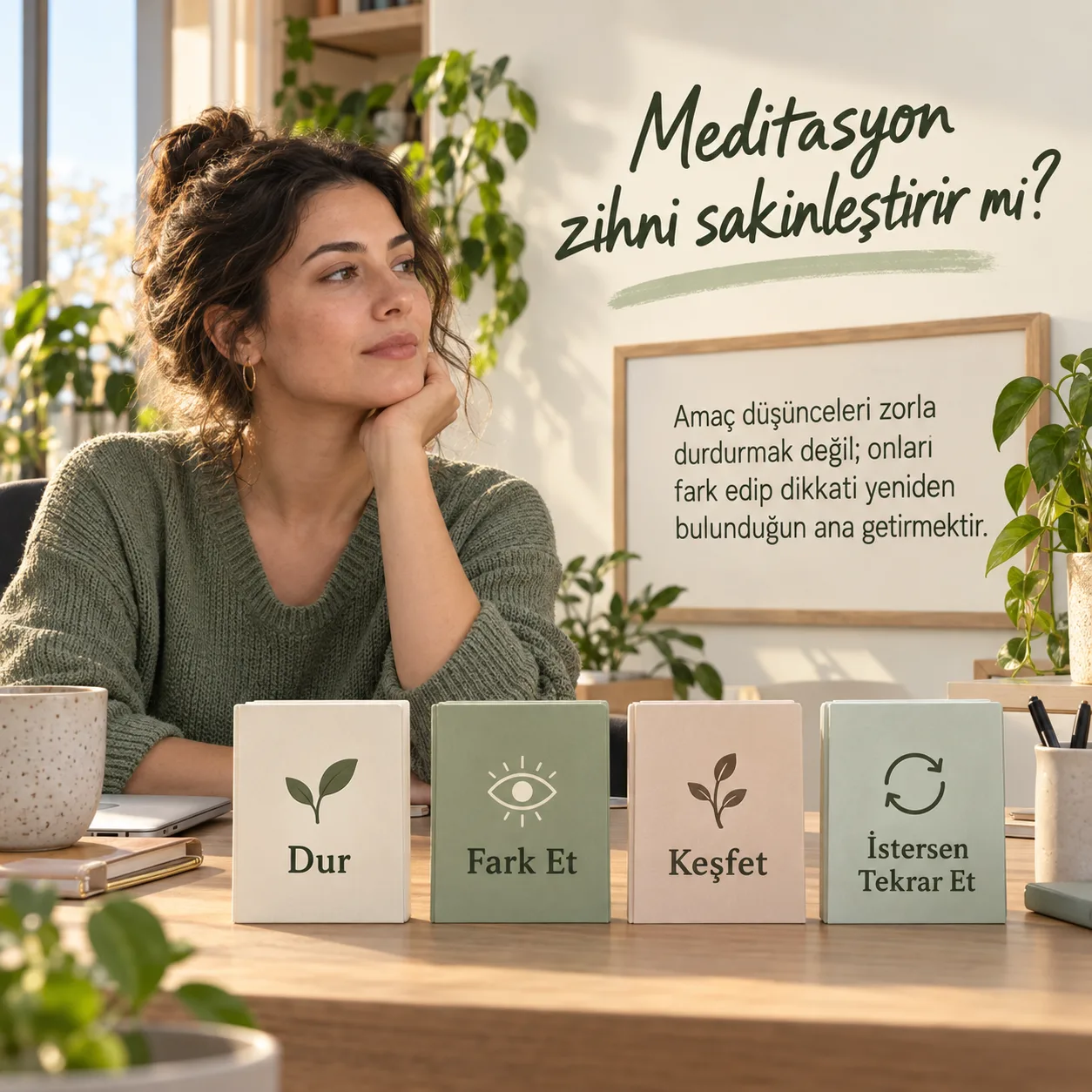 Sakin bir ortamda kısa bir mola veren kadın ve Meditasyon zihni sakinleştirir mi mesajı