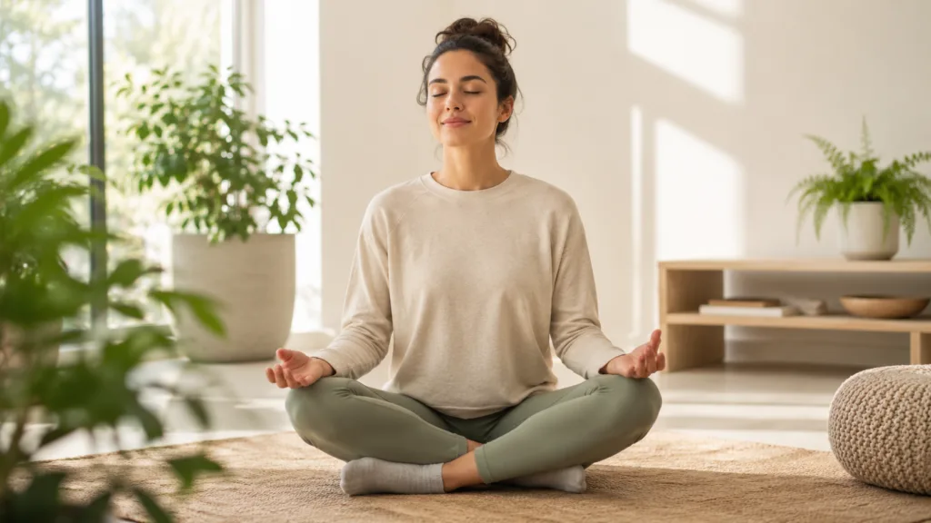 Güneş ışığı alan bir odada bağdaş kurarak gözleri kapalı, avuç içleri yukarı dönük meditasyon yapan kadın.