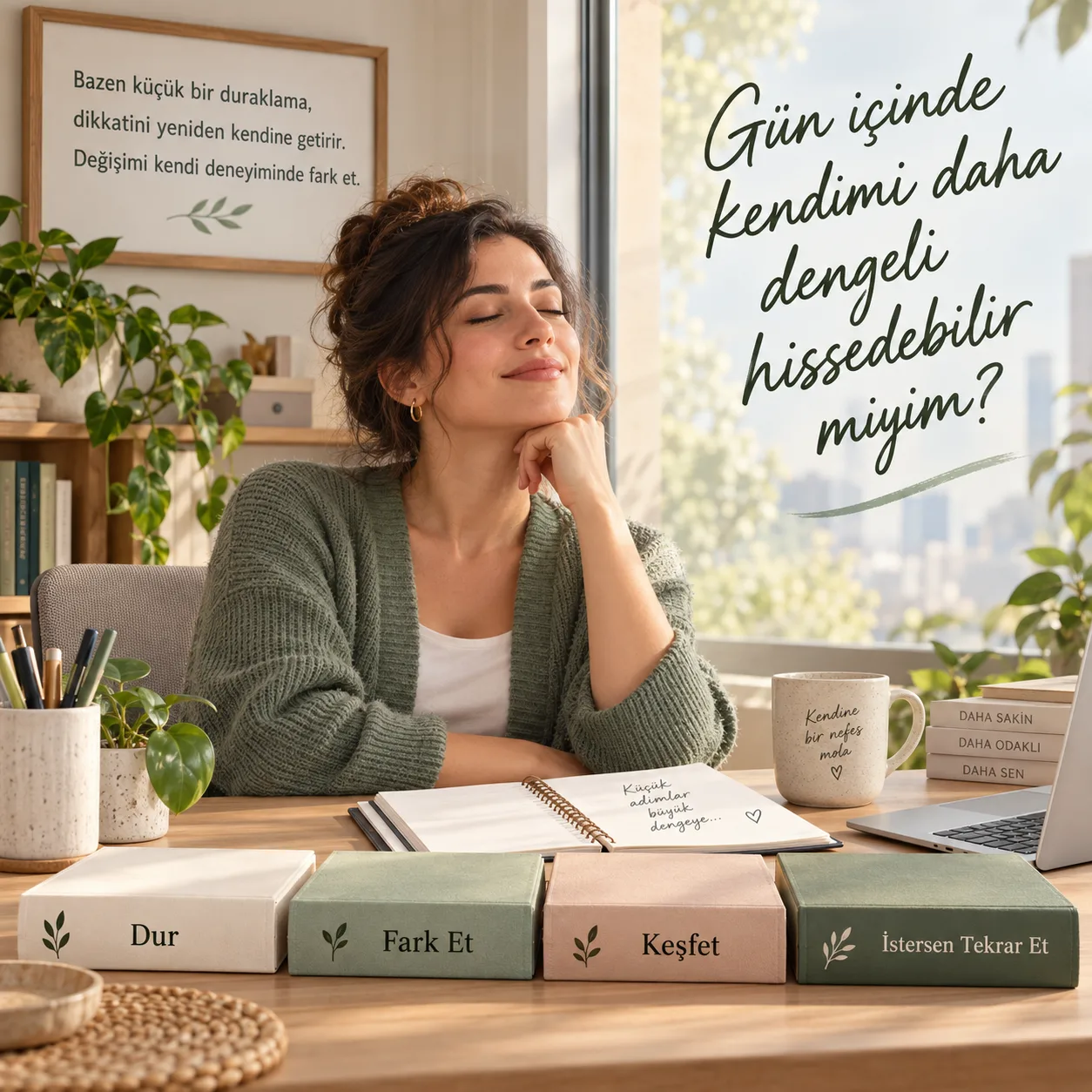 Gün içinde daha dengeli hissetme ve meditasyon deneyimini anlatan görsel