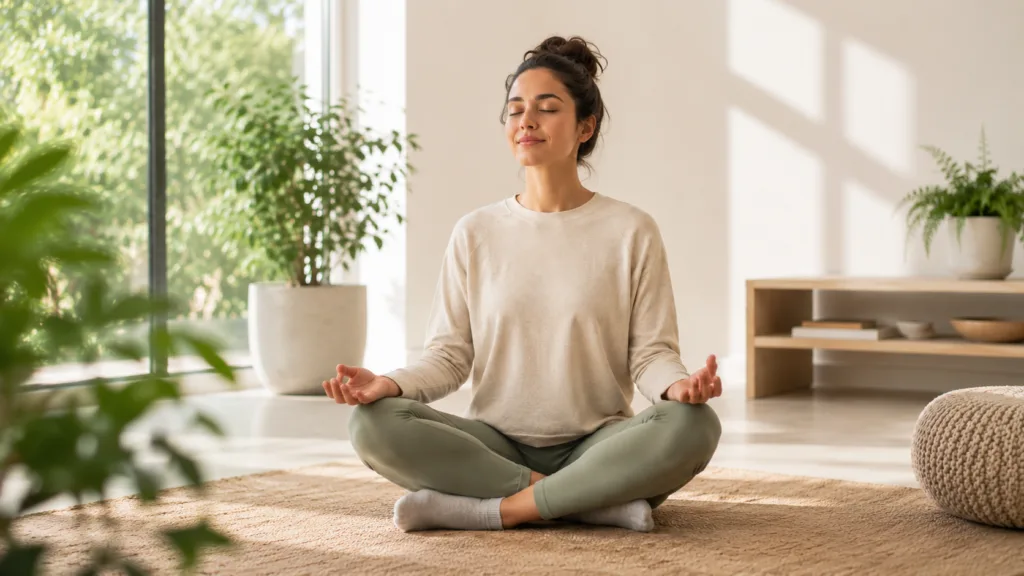 Aydınlık, bitkilerle çevrili bir odada gözleri kapalı, avuç içleri yukarı dönük şekilde meditasyon yapan kadın.