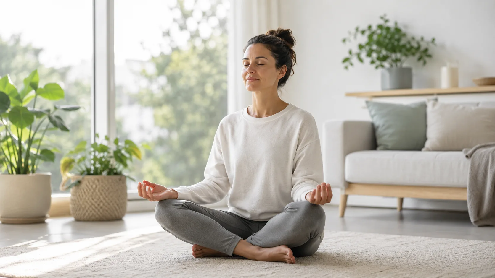 Evde sakin bir ortamda meditasyon yapan kadın