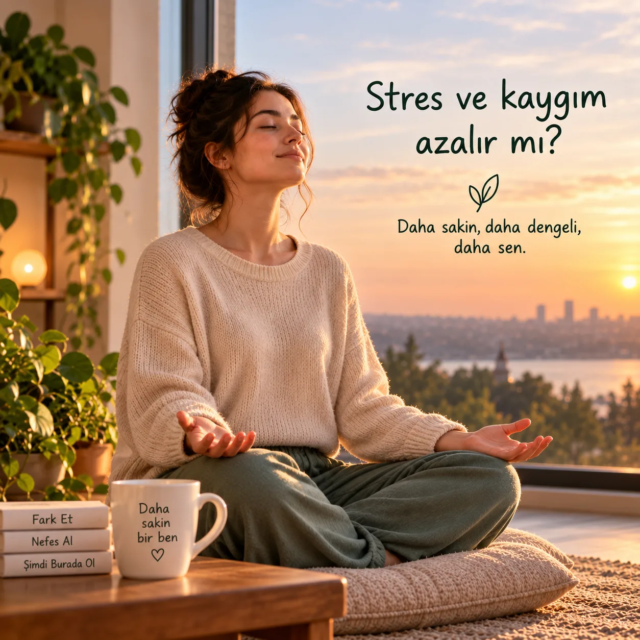 Stres ve kaygı sırasında kısa bir meditasyon deneyimini anlatan görsel